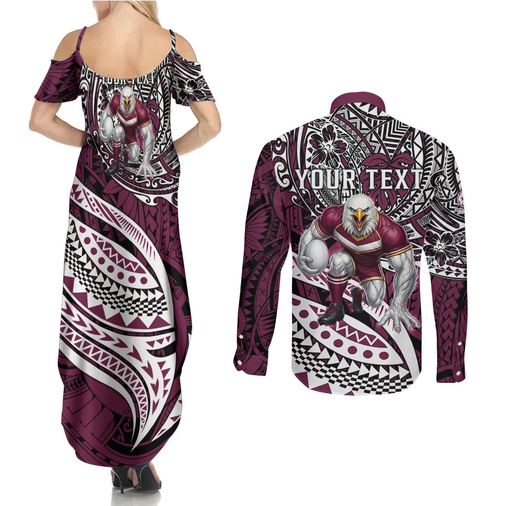 Personalised Manly Warringah Sea Eagles Couples Matching Summer Maxi Dress and Long Sleeve Button Shirt Polynesian Tribal Art Style With Muscular Sea Eagle Mascot