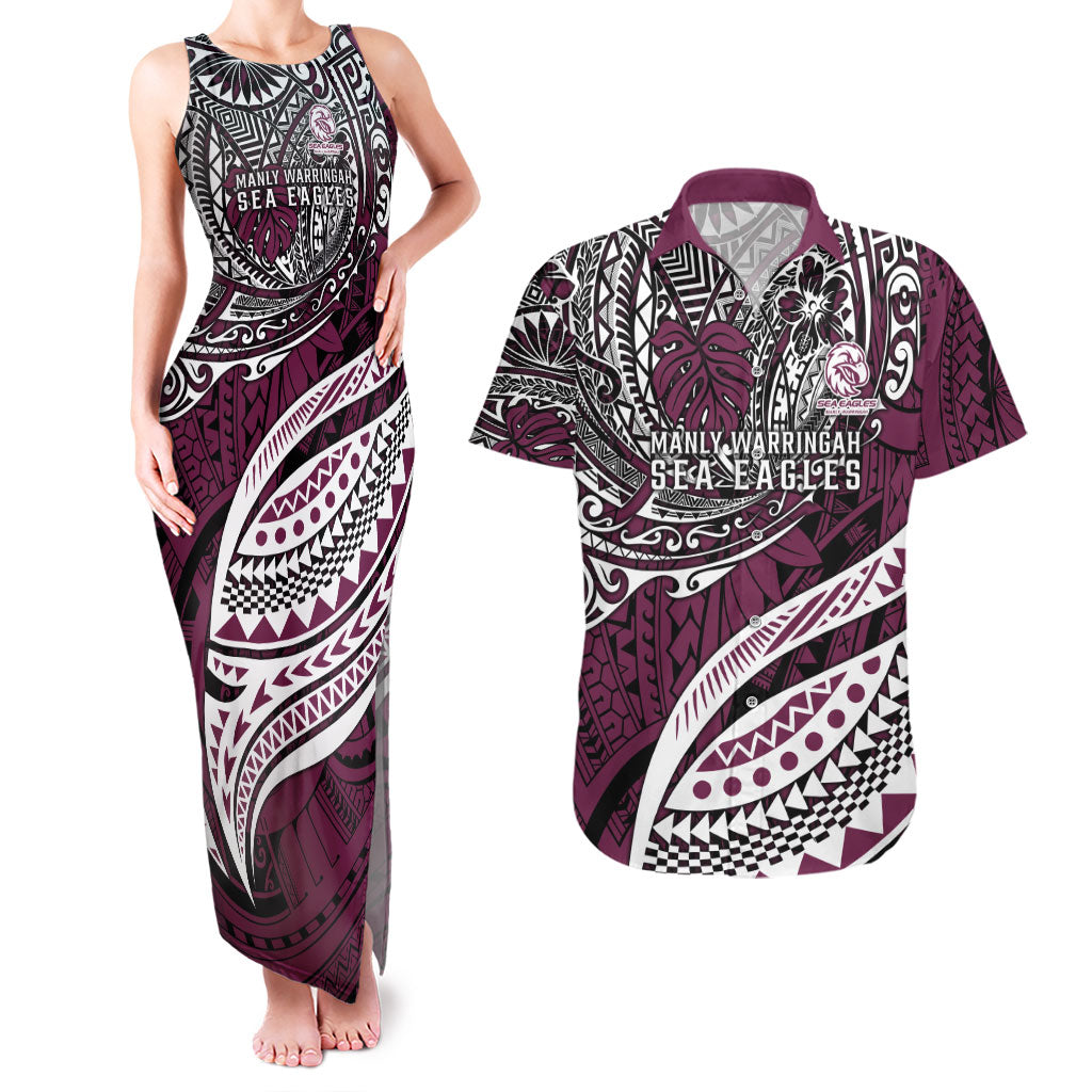 Personalised Manly Warringah Sea Eagles Couples Matching Tank Maxi Dress and Hawaiian Shirt Polynesian Tribal Art Style With Muscular Sea Eagle Mascot