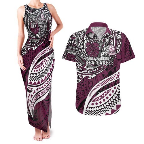 Personalised Manly Warringah Sea Eagles Couples Matching Tank Maxi Dress and Hawaiian Shirt Polynesian Tribal Art Style With Muscular Sea Eagle Mascot