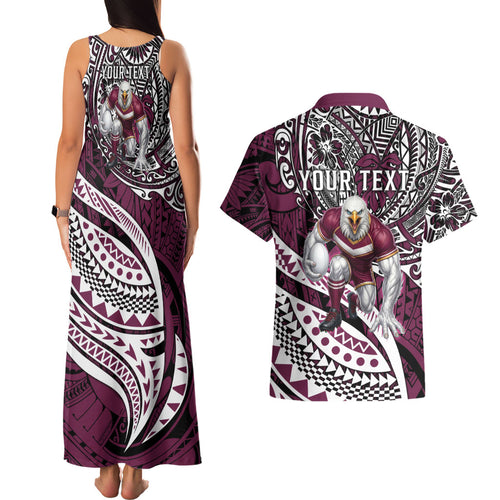 Personalised Manly Warringah Sea Eagles Couples Matching Tank Maxi Dress and Hawaiian Shirt Polynesian Tribal Art Style With Muscular Sea Eagle Mascot