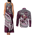 Personalised Manly Warringah Sea Eagles Couples Matching Tank Maxi Dress and Long Sleeve Button Shirt Polynesian Tribal Art Style With Muscular Sea Eagle Mascot