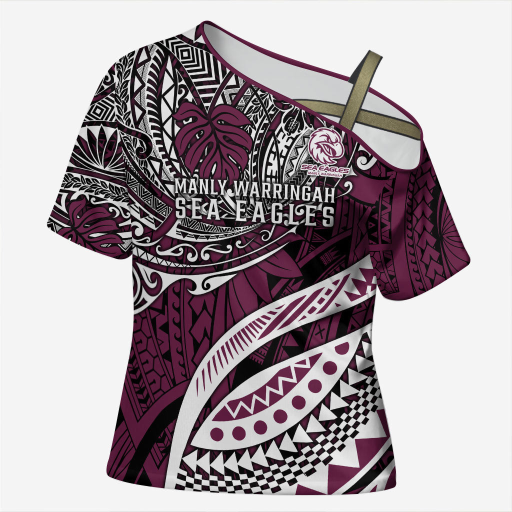 Personalised Manly Warringah Sea Eagles Cross Shoulder Shirt Polynesian Tribal Art Style With Muscular Sea Eagle Mascot
