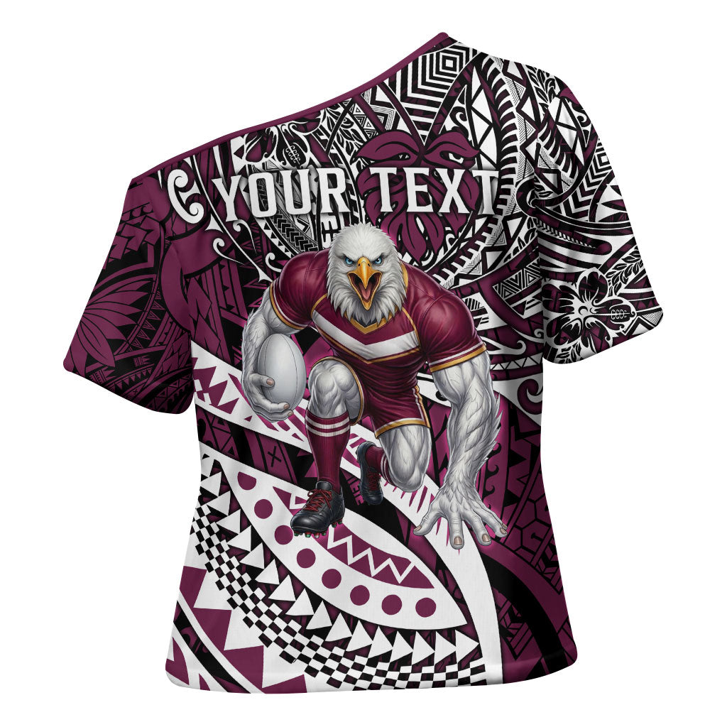 Personalised Manly Warringah Sea Eagles Cross Shoulder Shirt Polynesian Tribal Art Style With Muscular Sea Eagle Mascot
