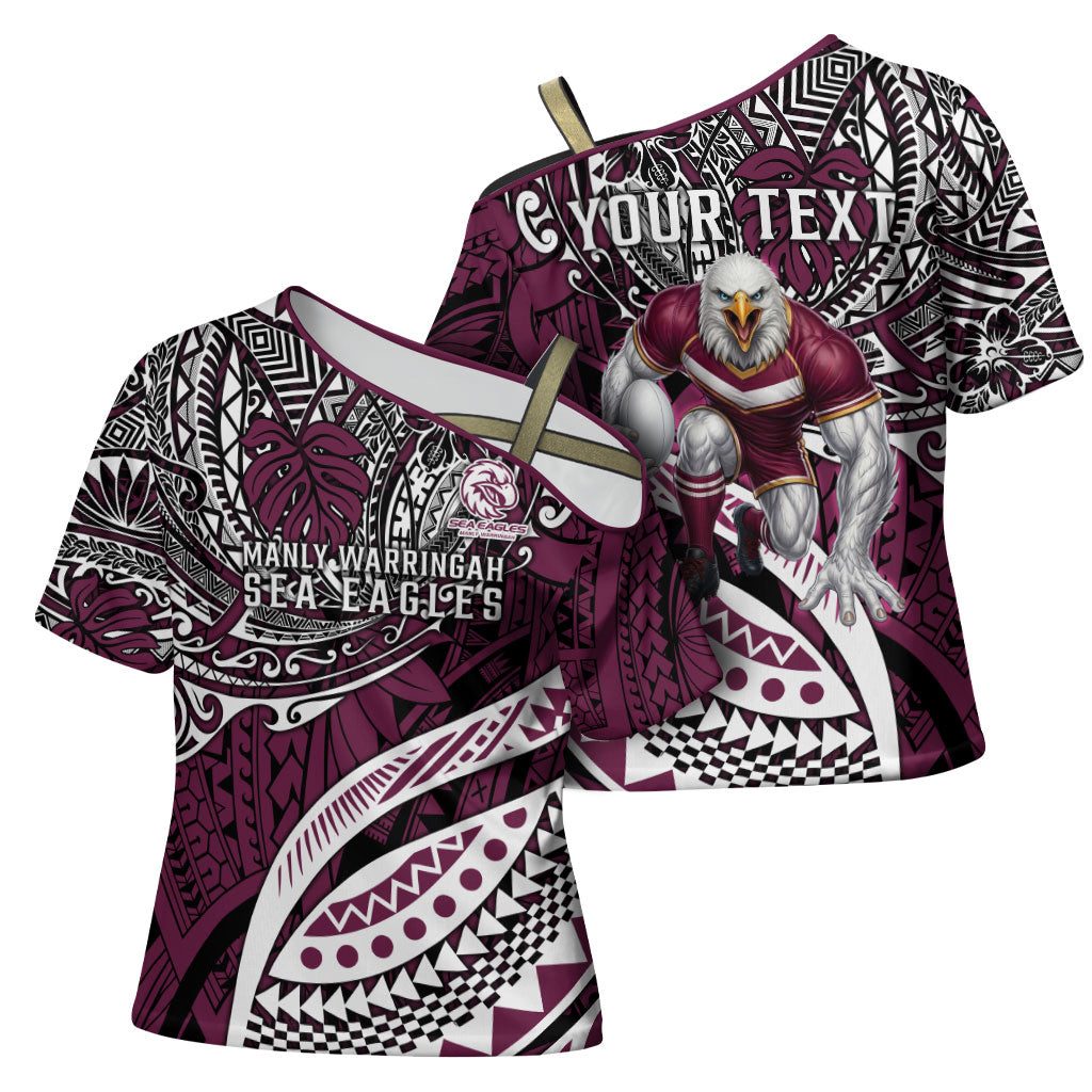 Personalised Manly Warringah Sea Eagles Cross Shoulder Shirt Polynesian Tribal Art Style With Muscular Sea Eagle Mascot