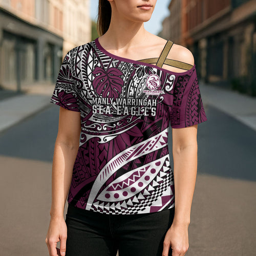 Personalised Manly Warringah Sea Eagles Cross Shoulder Shirt Polynesian Tribal Art Style With Muscular Sea Eagle Mascot