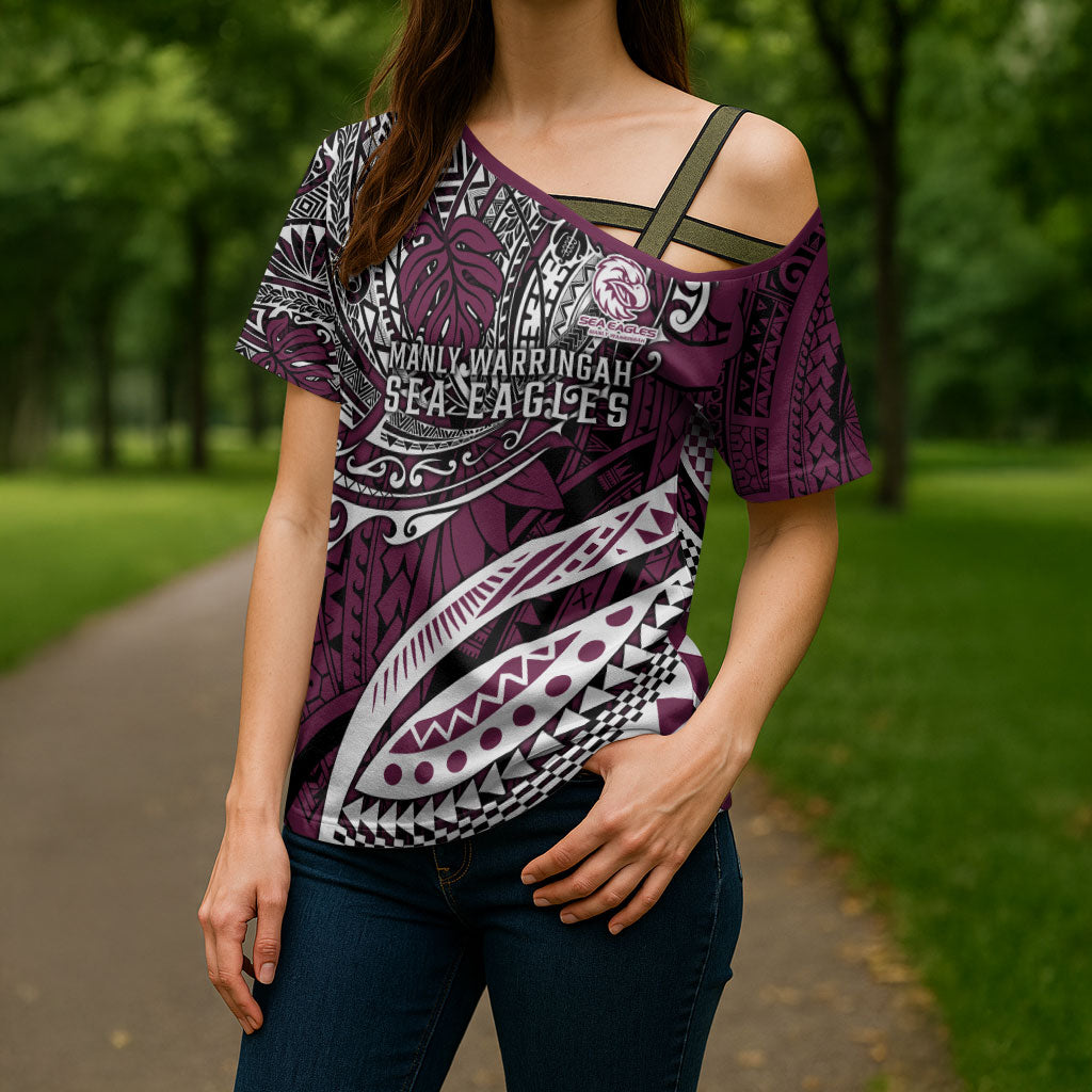 Personalised Manly Warringah Sea Eagles Cross Shoulder Shirt Polynesian Tribal Art Style With Muscular Sea Eagle Mascot