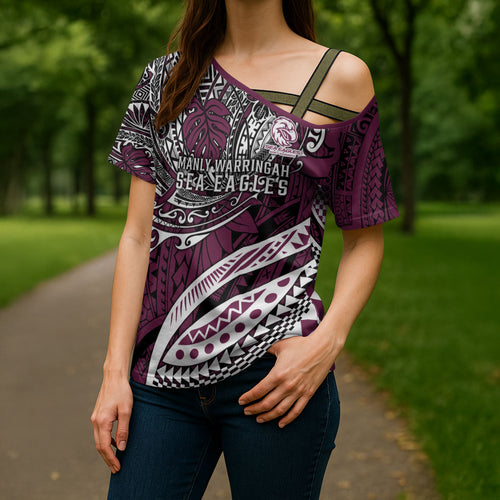Personalised Manly Warringah Sea Eagles Cross Shoulder Shirt Polynesian Tribal Art Style With Muscular Sea Eagle Mascot
