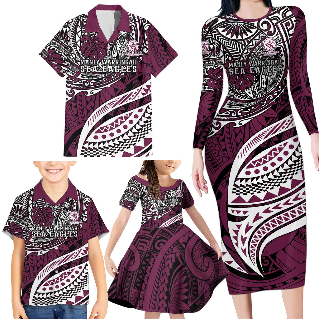Personalised Manly Warringah Sea Eagles Family Matching Long Sleeve Bodycon Dress and Hawaiian Shirt Polynesian Tribal Art Style With Muscular Sea Eagle Mascot