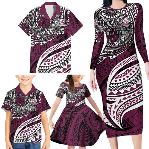 Personalised Manly Warringah Sea Eagles Family Matching Long Sleeve Bodycon Dress and Hawaiian Shirt Polynesian Tribal Art Style With Muscular Sea Eagle Mascot