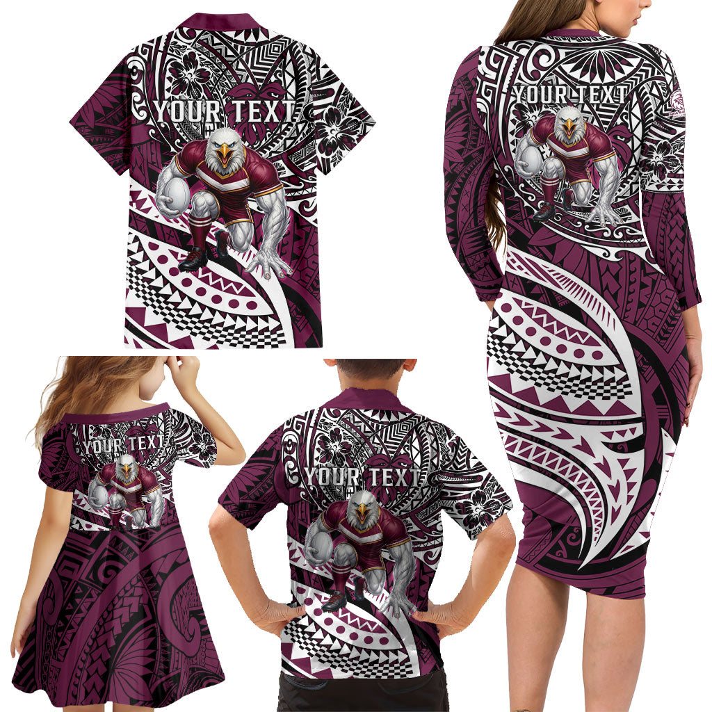 Personalised Manly Warringah Sea Eagles Family Matching Long Sleeve Bodycon Dress and Hawaiian Shirt Polynesian Tribal Art Style With Muscular Sea Eagle Mascot