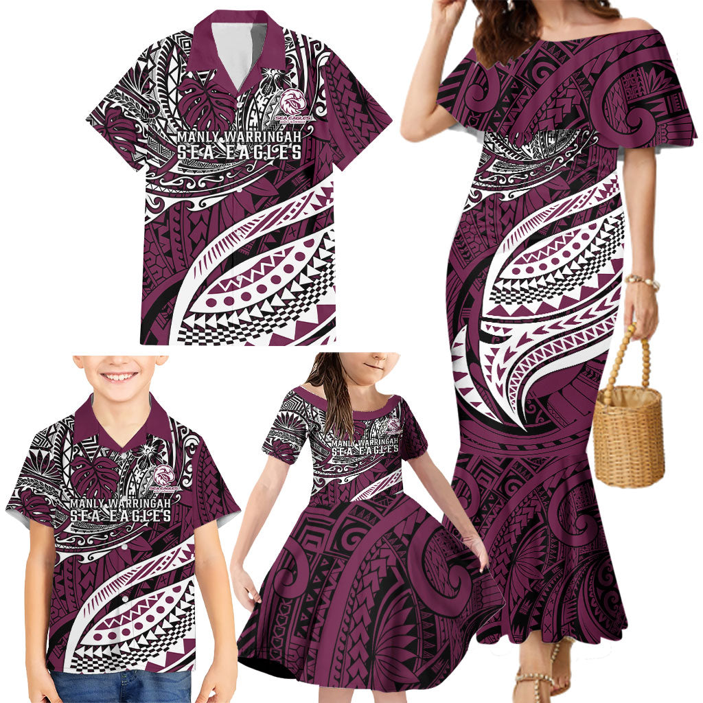 Personalised Manly Warringah Sea Eagles Family Matching Mermaid Dress and Hawaiian Shirt Polynesian Tribal Art Style With Muscular Sea Eagle Mascot