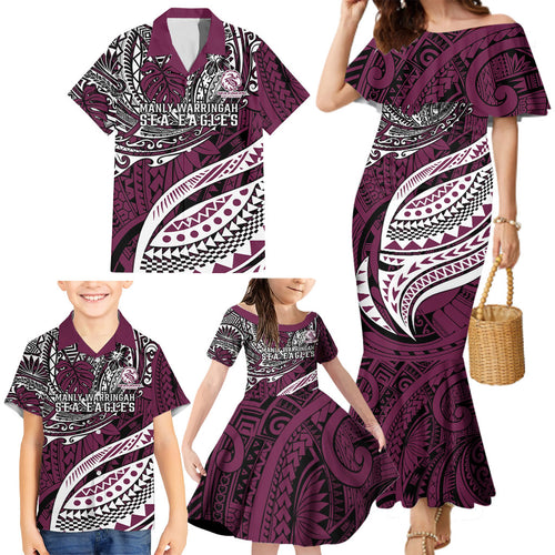 Personalised Manly Warringah Sea Eagles Family Matching Mermaid Dress and Hawaiian Shirt Polynesian Tribal Art Style With Muscular Sea Eagle Mascot