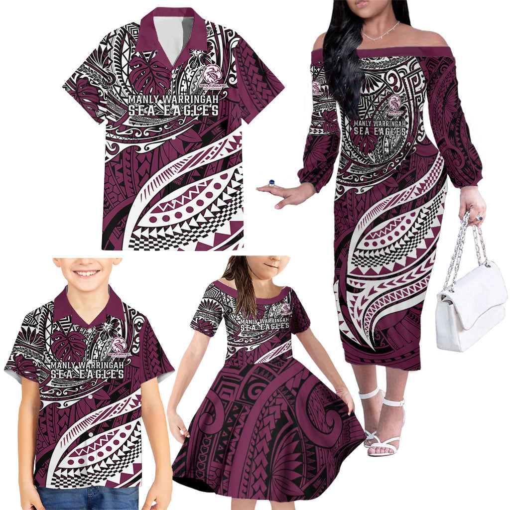Personalised Manly Warringah Sea Eagles Family Matching Off The Shoulder Long Sleeve Dress and Hawaiian Shirt Polynesian Tribal Art Style With Muscular Sea Eagle Mascot