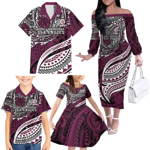 Personalised Manly Warringah Sea Eagles Family Matching Off The Shoulder Long Sleeve Dress and Hawaiian Shirt Polynesian Tribal Art Style With Muscular Sea Eagle Mascot