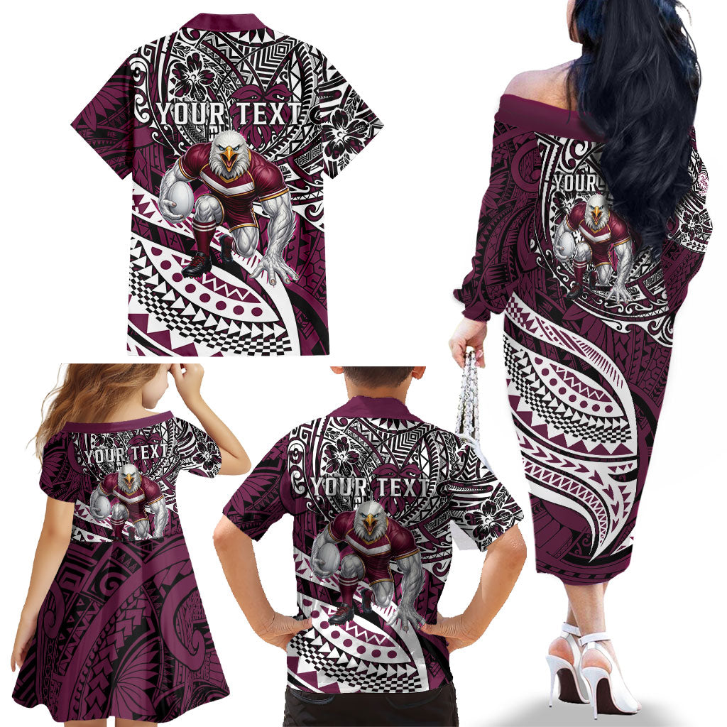 Personalised Manly Warringah Sea Eagles Family Matching Off The Shoulder Long Sleeve Dress and Hawaiian Shirt Polynesian Tribal Art Style With Muscular Sea Eagle Mascot