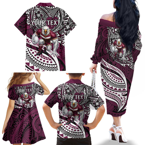 Personalised Manly Warringah Sea Eagles Family Matching Off The Shoulder Long Sleeve Dress and Hawaiian Shirt Polynesian Tribal Art Style With Muscular Sea Eagle Mascot