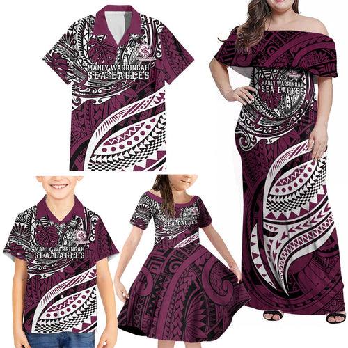 Personalised Manly Warringah Sea Eagles Family Matching Off Shoulder Maxi Dress and Hawaiian Shirt Polynesian Tribal Art Style With Muscular Sea Eagle Mascot
