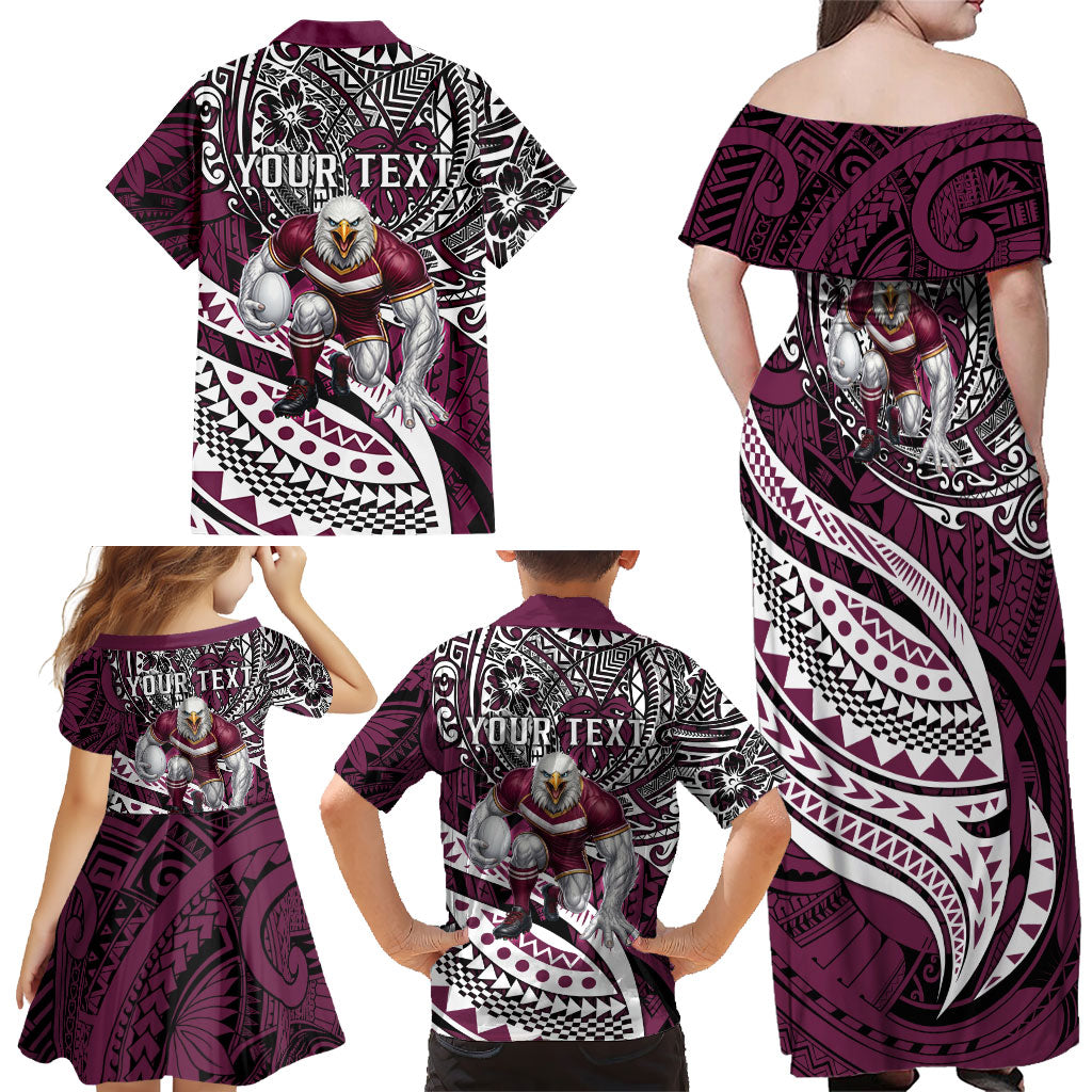 Personalised Manly Warringah Sea Eagles Family Matching Off Shoulder Maxi Dress and Hawaiian Shirt Polynesian Tribal Art Style With Muscular Sea Eagle Mascot