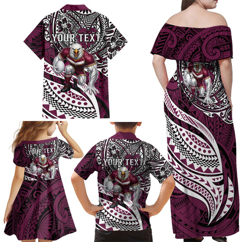 Personalised Manly Warringah Sea Eagles Family Matching Off Shoulder Maxi Dress and Hawaiian Shirt Polynesian Tribal Art Style With Muscular Sea Eagle Mascot