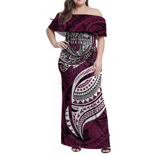 Personalised Manly Warringah Sea Eagles Family Matching Off Shoulder Maxi Dress and Hawaiian Shirt Polynesian Tribal Art Style With Muscular Sea Eagle Mascot
