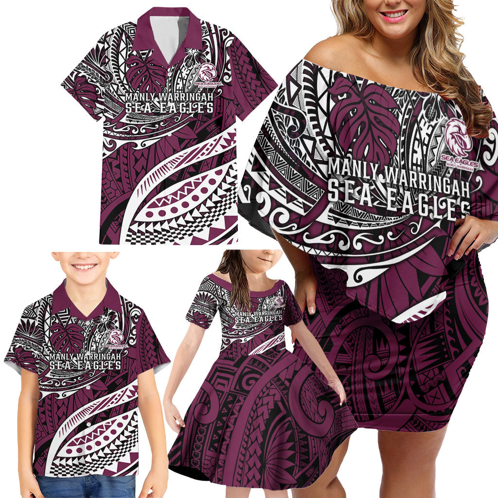 Personalised Manly Warringah Sea Eagles Family Matching Off Shoulder Short Dress and Hawaiian Shirt Polynesian Tribal Art Style With Muscular Sea Eagle Mascot