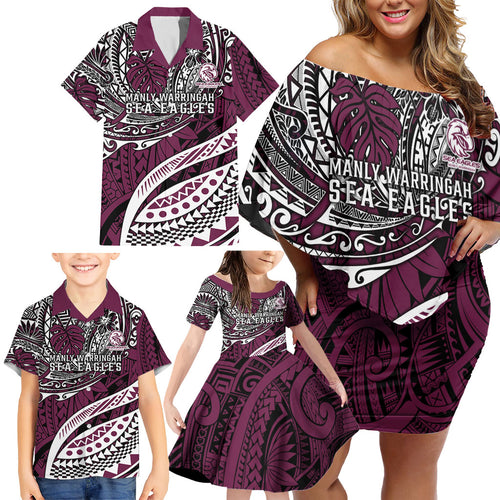 Personalised Manly Warringah Sea Eagles Family Matching Off Shoulder Short Dress and Hawaiian Shirt Polynesian Tribal Art Style With Muscular Sea Eagle Mascot