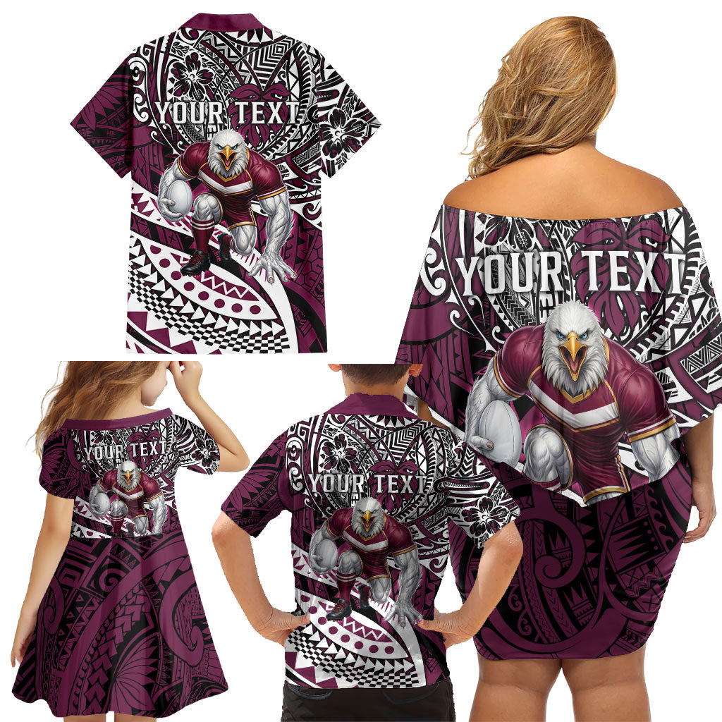 Personalised Manly Warringah Sea Eagles Family Matching Off Shoulder Short Dress and Hawaiian Shirt Polynesian Tribal Art Style With Muscular Sea Eagle Mascot