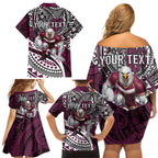 Personalised Manly Warringah Sea Eagles Family Matching Off Shoulder Short Dress and Hawaiian Shirt Polynesian Tribal Art Style With Muscular Sea Eagle Mascot
