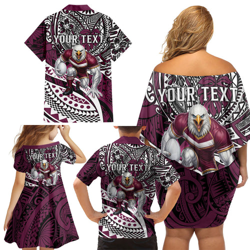 Personalised Manly Warringah Sea Eagles Family Matching Off Shoulder Short Dress and Hawaiian Shirt Polynesian Tribal Art Style With Muscular Sea Eagle Mascot