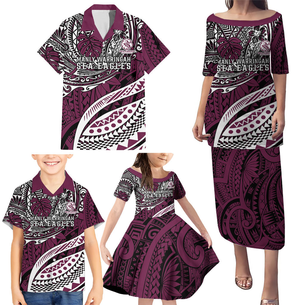 Personalised Manly Warringah Sea Eagles Family Matching Puletasi and Hawaiian Shirt Polynesian Tribal Art Style With Muscular Sea Eagle Mascot