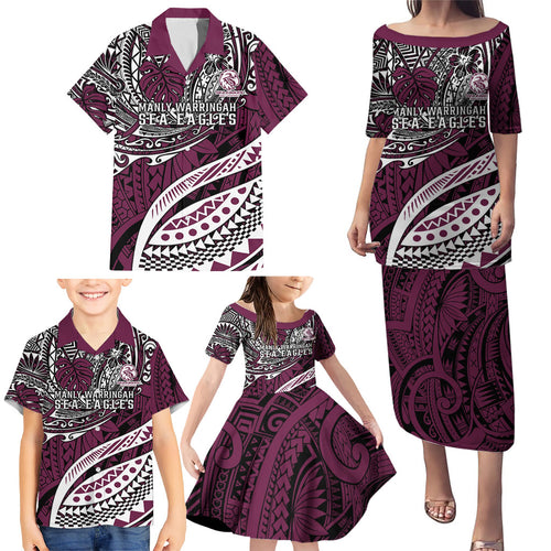 Personalised Manly Warringah Sea Eagles Family Matching Puletasi and Hawaiian Shirt Polynesian Tribal Art Style With Muscular Sea Eagle Mascot
