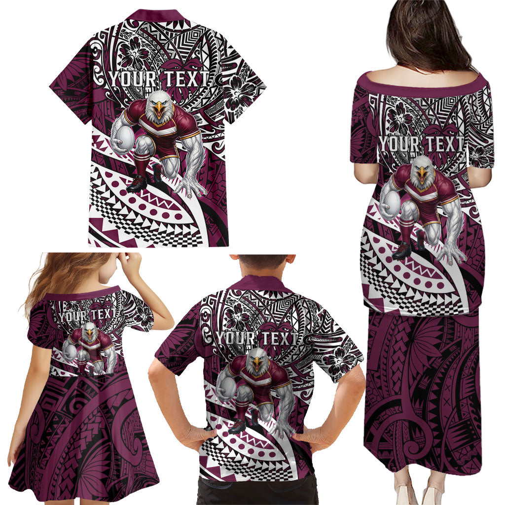 Personalised Manly Warringah Sea Eagles Family Matching Puletasi and Hawaiian Shirt Polynesian Tribal Art Style With Muscular Sea Eagle Mascot