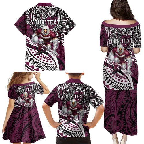 Personalised Manly Warringah Sea Eagles Family Matching Puletasi and Hawaiian Shirt Polynesian Tribal Art Style With Muscular Sea Eagle Mascot