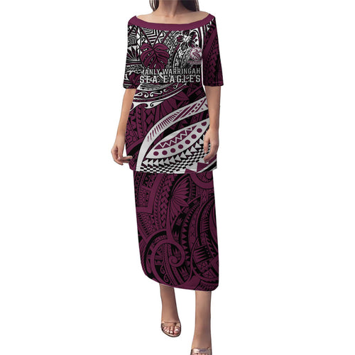 Personalised Manly Warringah Sea Eagles Family Matching Puletasi and Hawaiian Shirt Polynesian Tribal Art Style With Muscular Sea Eagle Mascot