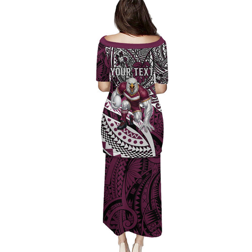 Personalised Manly Warringah Sea Eagles Family Matching Puletasi and Hawaiian Shirt Polynesian Tribal Art Style With Muscular Sea Eagle Mascot