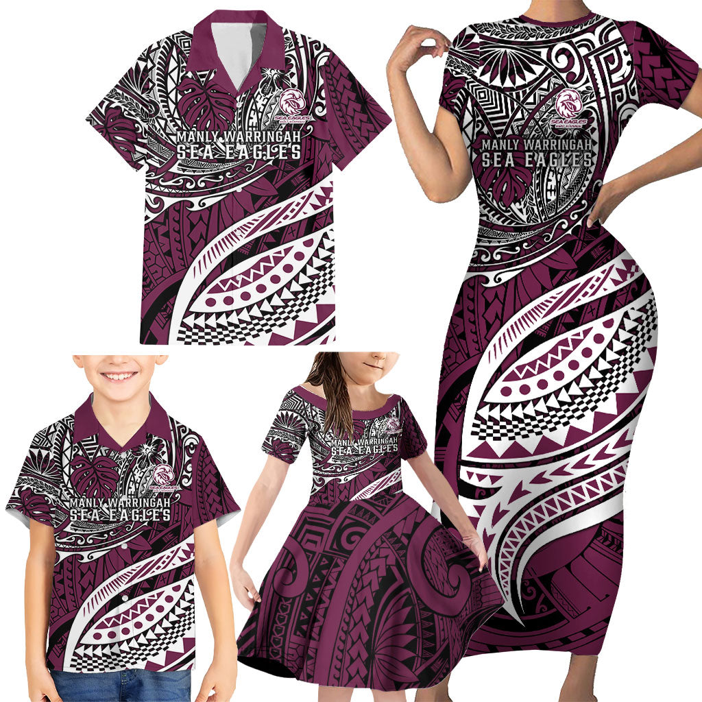 Personalised Manly Warringah Sea Eagles Family Matching Short Sleeve Bodycon Dress and Hawaiian Shirt Polynesian Tribal Art Style With Muscular Sea Eagle Mascot