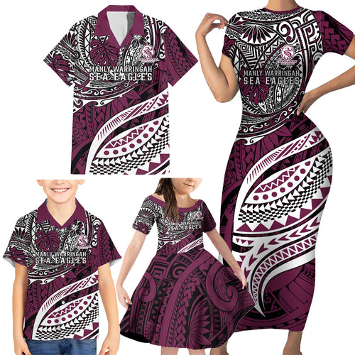 Personalised Manly Warringah Sea Eagles Family Matching Short Sleeve Bodycon Dress and Hawaiian Shirt Polynesian Tribal Art Style With Muscular Sea Eagle Mascot