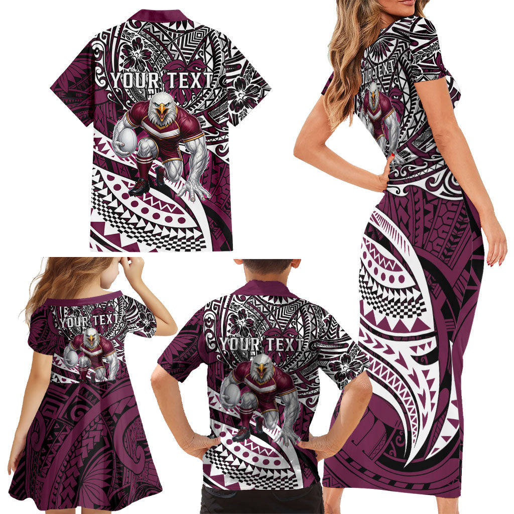 Personalised Manly Warringah Sea Eagles Family Matching Short Sleeve Bodycon Dress and Hawaiian Shirt Polynesian Tribal Art Style With Muscular Sea Eagle Mascot
