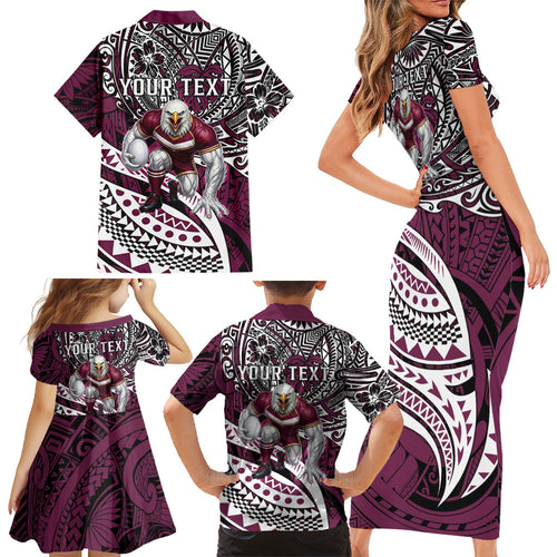 Personalised Manly Warringah Sea Eagles Family Matching Short Sleeve Bodycon Dress and Hawaiian Shirt Polynesian Tribal Art Style With Muscular Sea Eagle Mascot