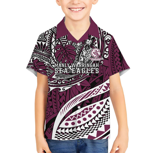 Personalised Manly Warringah Sea Eagles Family Matching Short Sleeve Bodycon Dress and Hawaiian Shirt Polynesian Tribal Art Style With Muscular Sea Eagle Mascot