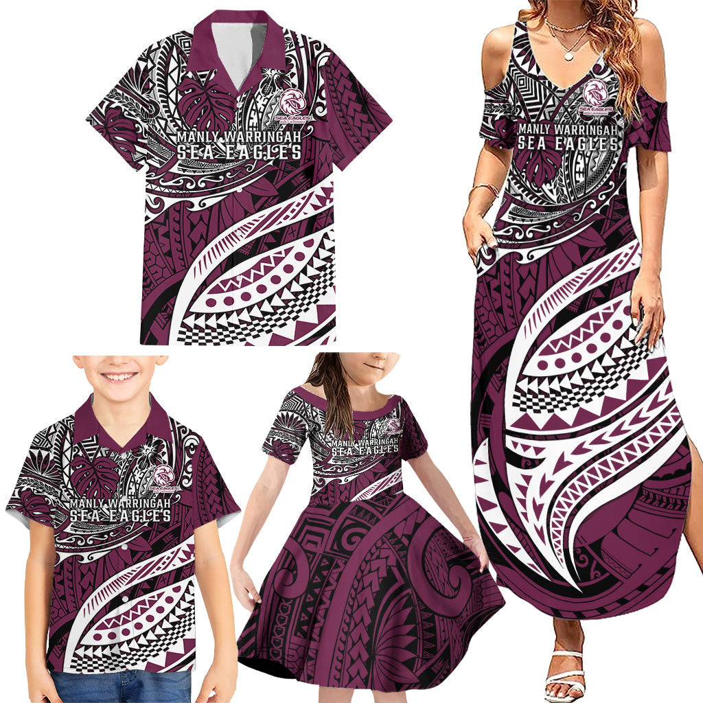Personalised Manly Warringah Sea Eagles Family Matching Summer Maxi Dress and Hawaiian Shirt Polynesian Tribal Art Style With Muscular Sea Eagle Mascot