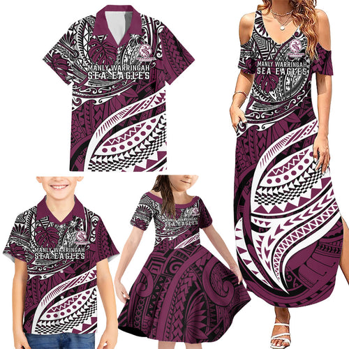 Personalised Manly Warringah Sea Eagles Family Matching Summer Maxi Dress and Hawaiian Shirt Polynesian Tribal Art Style With Muscular Sea Eagle Mascot