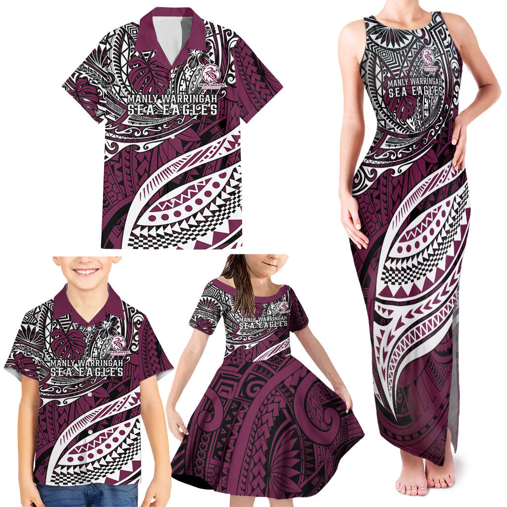Personalised Manly Warringah Sea Eagles Family Matching Tank Maxi Dress and Hawaiian Shirt Polynesian Tribal Art Style With Muscular Sea Eagle Mascot