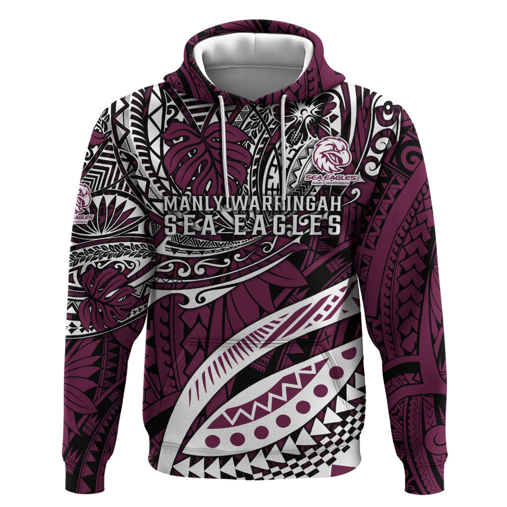 Personalised Manly Warringah Sea Eagles Hoodie Polynesian Tribal Art Style With Muscular Sea Eagle Mascot