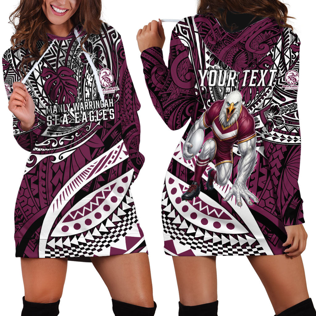 Personalised Manly Warringah Sea Eagles Hoodie Dress Polynesian Tribal Art Style With Muscular Sea Eagle Mascot
