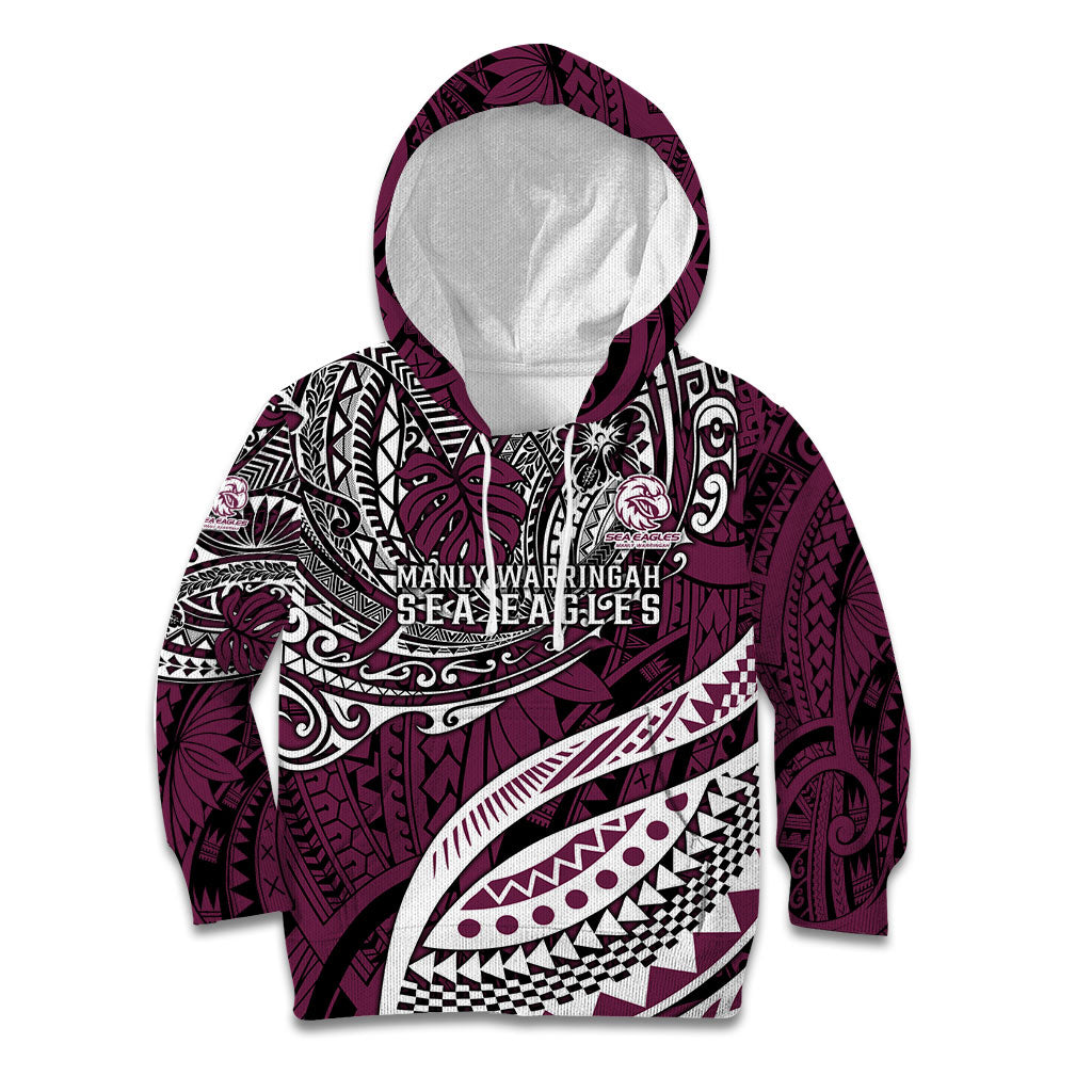 Personalised Manly Warringah Sea Eagles Kid Hoodie Polynesian Tribal Art Style With Muscular Sea Eagle Mascot