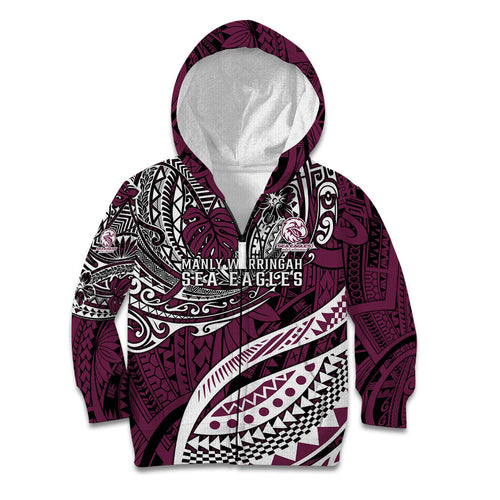 Personalised Manly Warringah Sea Eagles Kid Hoodie Polynesian Tribal Art Style With Muscular Sea Eagle Mascot