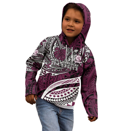 Personalised Manly Warringah Sea Eagles Kid Hoodie Polynesian Tribal Art Style With Muscular Sea Eagle Mascot