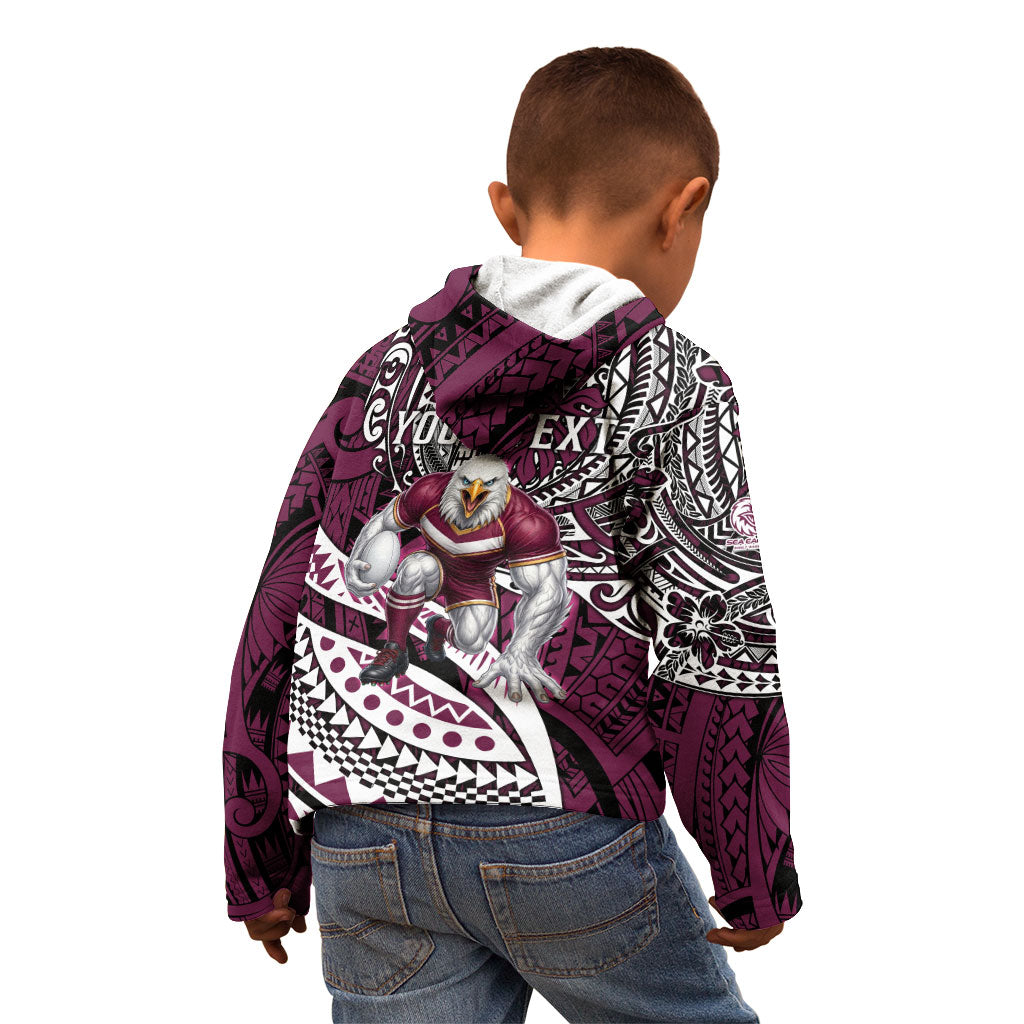 Personalised Manly Warringah Sea Eagles Kid Hoodie Polynesian Tribal Art Style With Muscular Sea Eagle Mascot