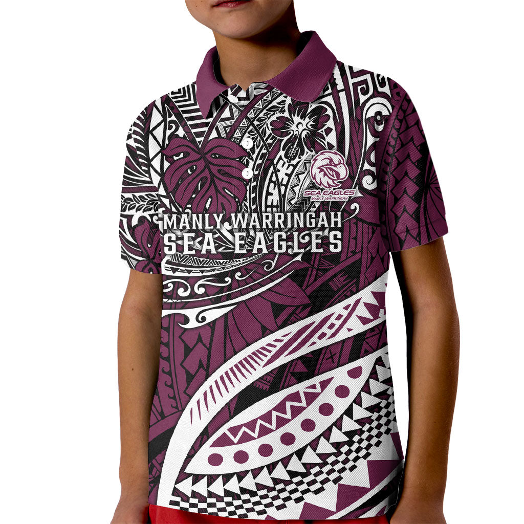 Personalised Manly Warringah Sea Eagles Kid Polo Shirt Polynesian Tribal Art Style With Muscular Sea Eagle Mascot